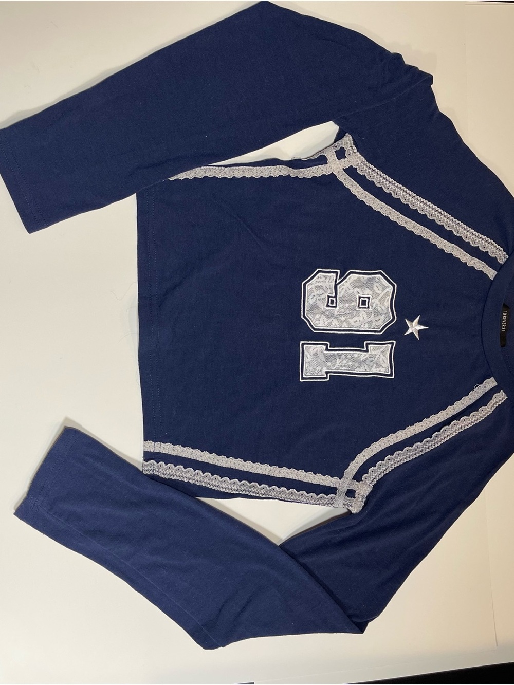 Forever 21 Navy Long Sleeve Top with Silver Lace and Number 19